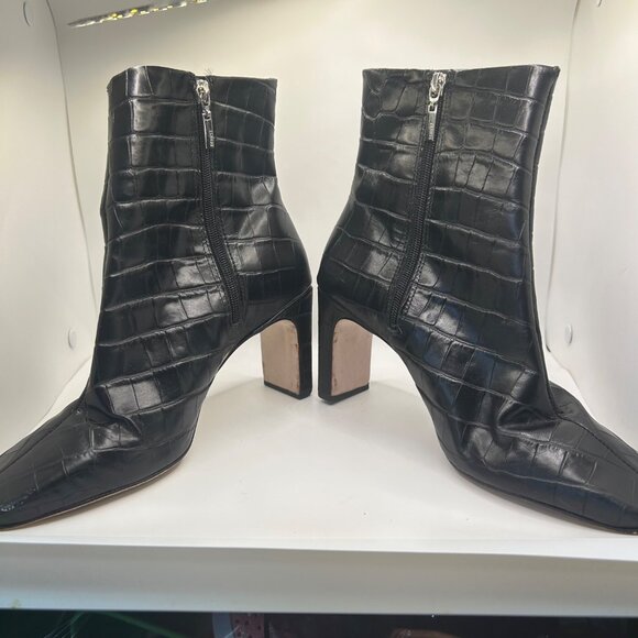 Schutz Black Croc-Embossed Leather Ankle Boots With Square Toe & Side Zipper 8.5 - Picture 5 of 9